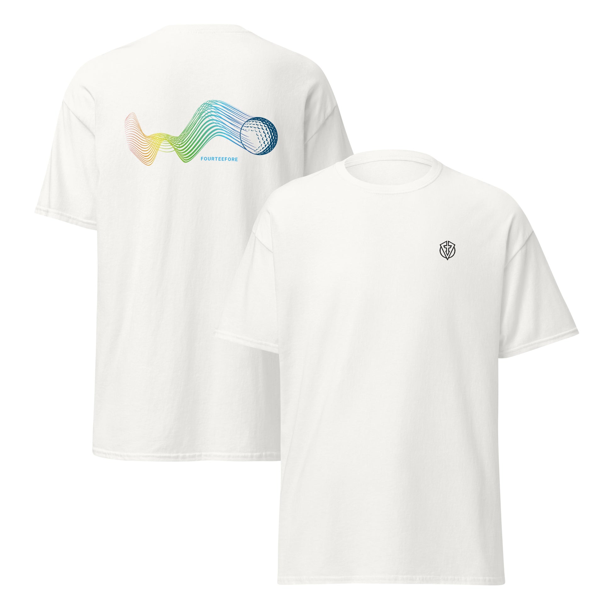 White casual everyday streetwear golf  t-shirt with a colorful graphic on the front and a logo on the back, displayed against a white background.  Bump n run by fourteefore