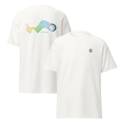 White casual everyday streetwear golf  t-shirt with a colorful graphic on the front and a logo on the back, displayed against a white background.  Bump n run by fourteefore