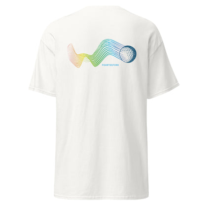 White casual golf streetwear t-shirt with colorful graphic design on a white background by fourteefore
