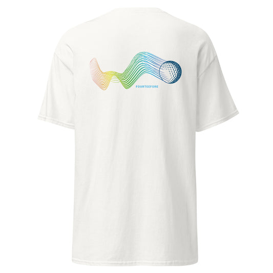 White casual golf streetwear t-shirt with colorful graphic design on a white background by fourteefore