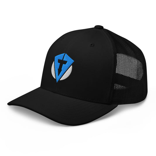 Main image of Black Fourteefore pro trucker golf cap with bright blue and white embroidered logo in the centre of the front panel. Casual everyday golf streetwear cap by fourteefore for on and off the course