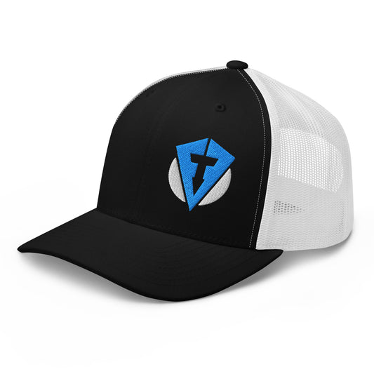 Main image of Black and white Fourteefore weekend warrior golf trucker cap with bright blue and white embroidered FTF logo on the left front panel. Casual everyday golf streetwear cap by fourteefore for on and off the course