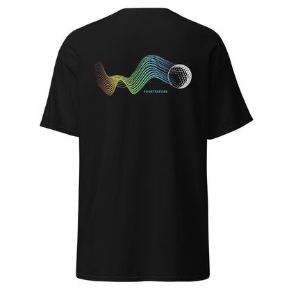 Main image of Black bump n run Fourteefore casual golf t-shirt with a bold colorful graphic design of a golf ball as is bumps and runs.  small FTF logo embroidered on the left chest. Casual everyday golf streetwear by fourteefore