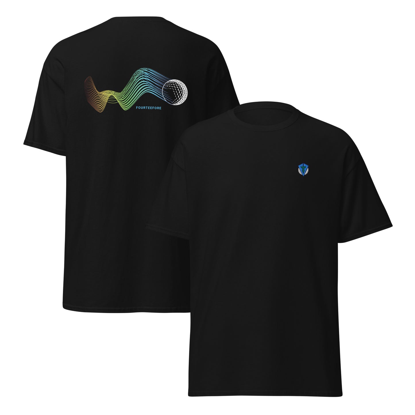 Black bump n run Fourteefore casual golf t-shirt with a bold colorful graphic design of a golf ball as is bumps and runs.  small FTF logo embroidered on the left chest. Casual everyday golf streetwear by fourteefore