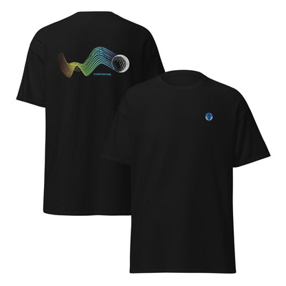 Black bump n run Fourteefore casual golf t-shirt with a bold colorful graphic design of a golf ball as is bumps and runs.  small FTF logo embroidered on the left chest. Casual everyday golf streetwear by fourteefore