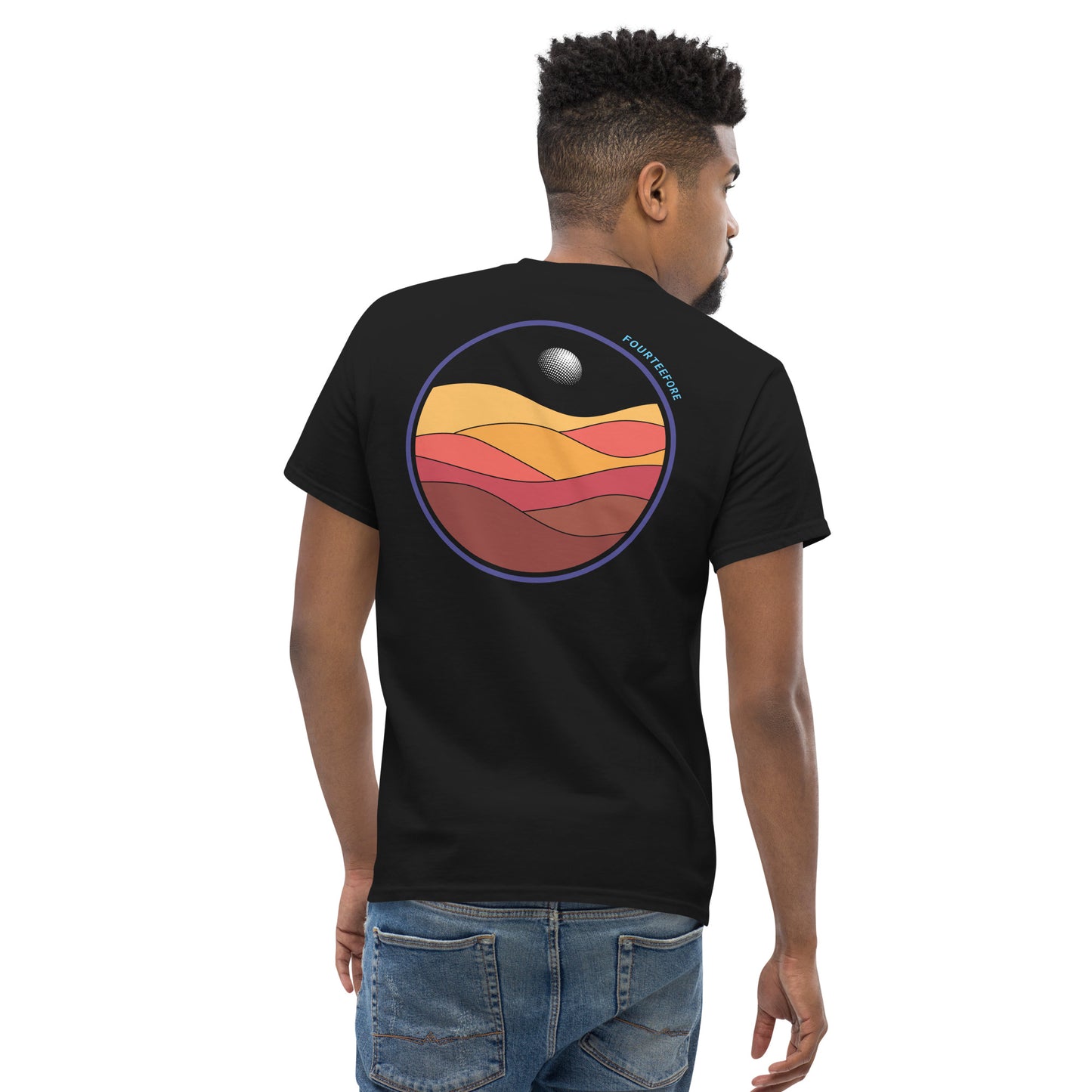 Male model wearing a Black bunker bound fourteefore casual golf t-shirt with a colorful bold graphic design on the back of dessert sand dunes and a golf ball moon. Small FTF embroidered logo on left chest. Casual everyday golf streetwear by fourteefore
