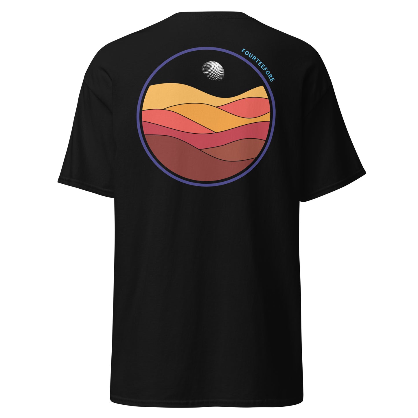 Black bunker bound fourteefore casual golf t-shirt with a colorful bold graphic design on the back of dessert sand dunes and a golf ball moon. Small FTF embroidered logo on left chest. Casual everyday golf streetwear by fourteefore
