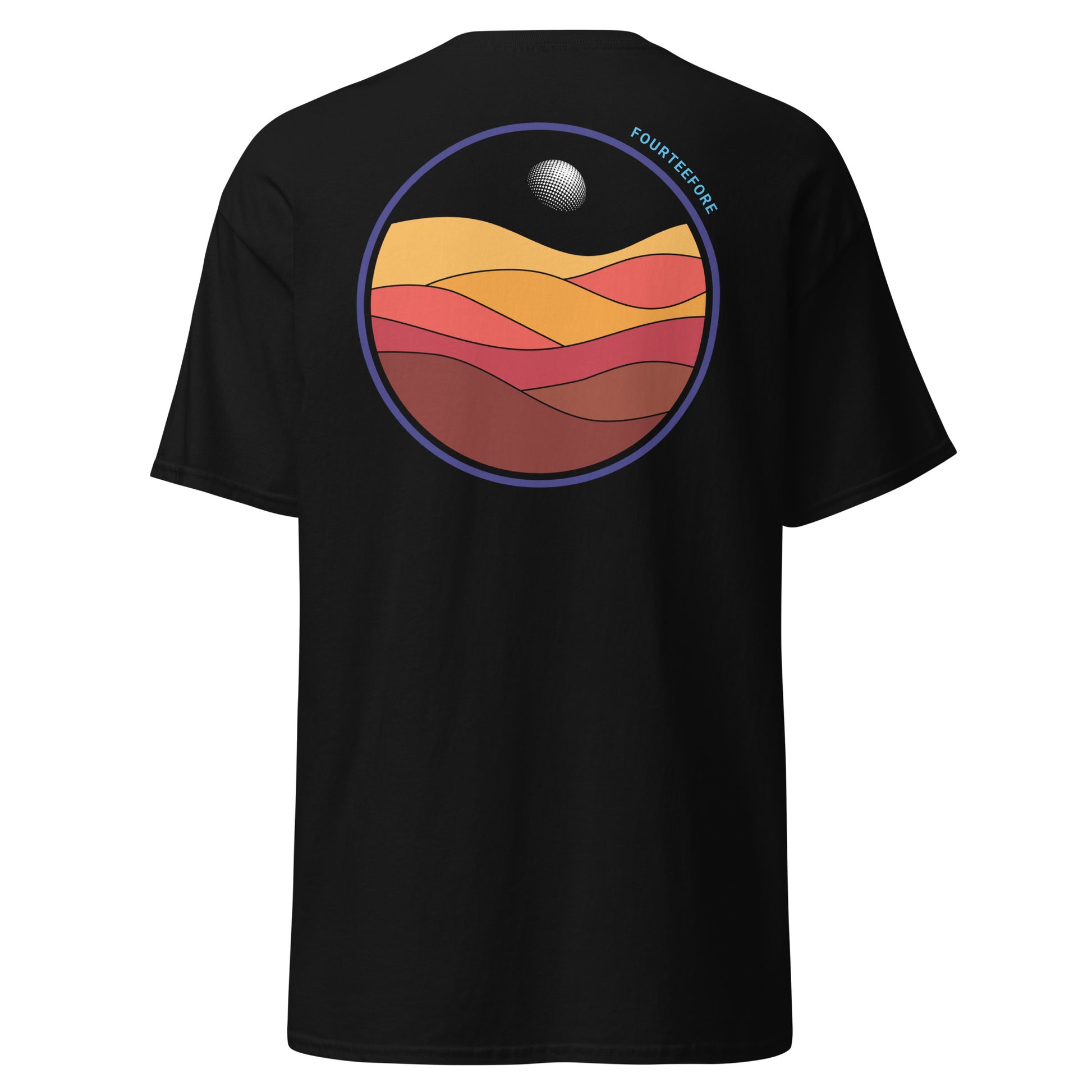 Black bunker bound fourteefore casual golf t-shirt with a colorful bold graphic design on the back of dessert sand dunes and a golf ball moon. Small FTF embroidered logo on left chest. Casual everyday golf streetwear by fourteefore