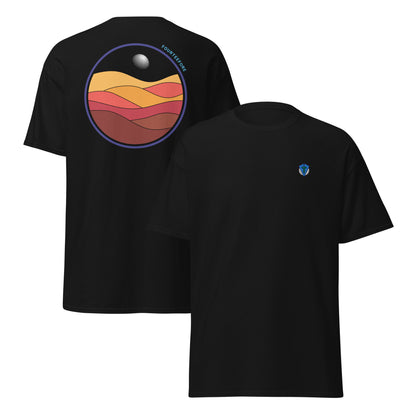 Black bunker bound fourteefore casual golf t-shirt with a colorful bold graphic design on the back of dessert sand dunes and a golf ball moon. Small FTF embroidered logo on left chest. Casual everyday golf streetwear by fourteefore