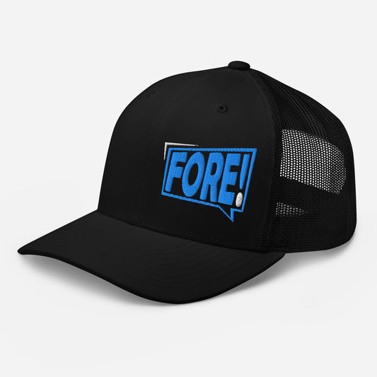 Black golf streetwear causal trucker cap with bolt graphic FORE! embroidered in bright blue and white on the left front panel.