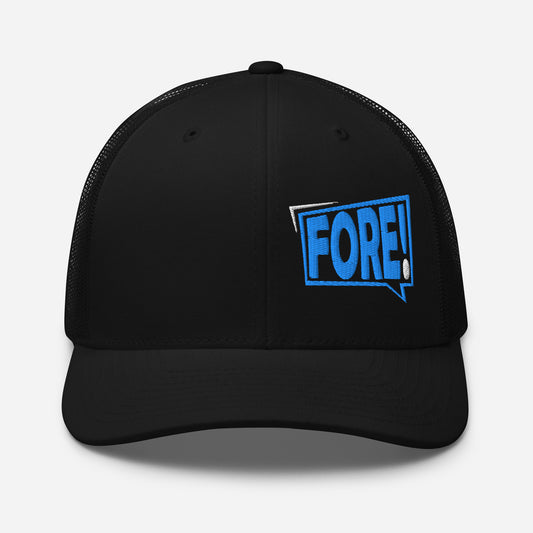 Black and white golf streetwear causal trucker cap with bolt graphic FORE! embroidered in bright blue and white on the left front panel. Front view