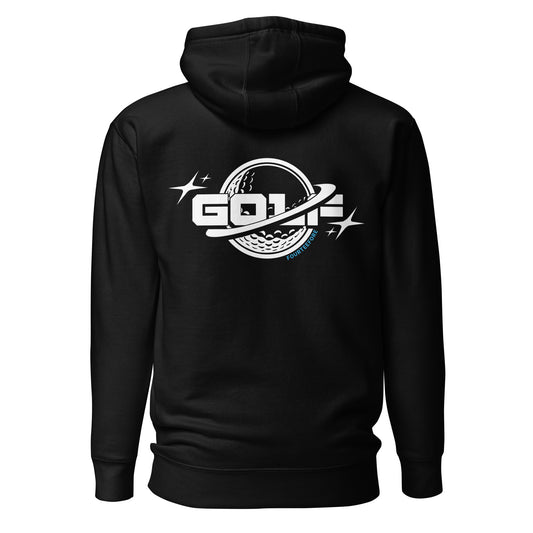 Black planet golf fourteefore casual everyday streetwear golf hoodie with a white logo of a golf ball planet with rings around it along with word golf.  Small FTF logo embroidered on the left chest. Casual everyday golf streetwear by fourteefore