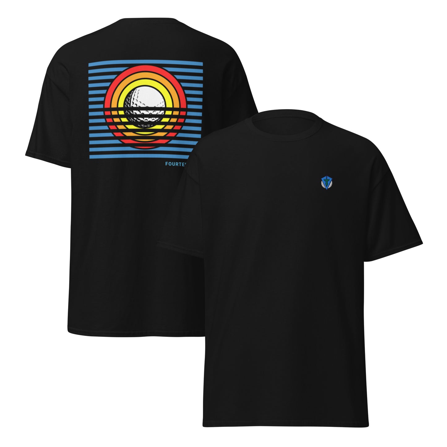 Black Sun Up golf streetwear casual everyday t-shirt.  Bold colourful graphic sunrise design featuring a golf ball as the sun with yellow, orange and red rings and striking blue lines