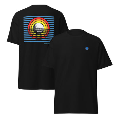 Black Sun Up golf streetwear casual everyday t-shirt.  Bold colourful graphic sunrise design featuring a golf ball as the sun with yellow, orange and red rings and striking blue lines