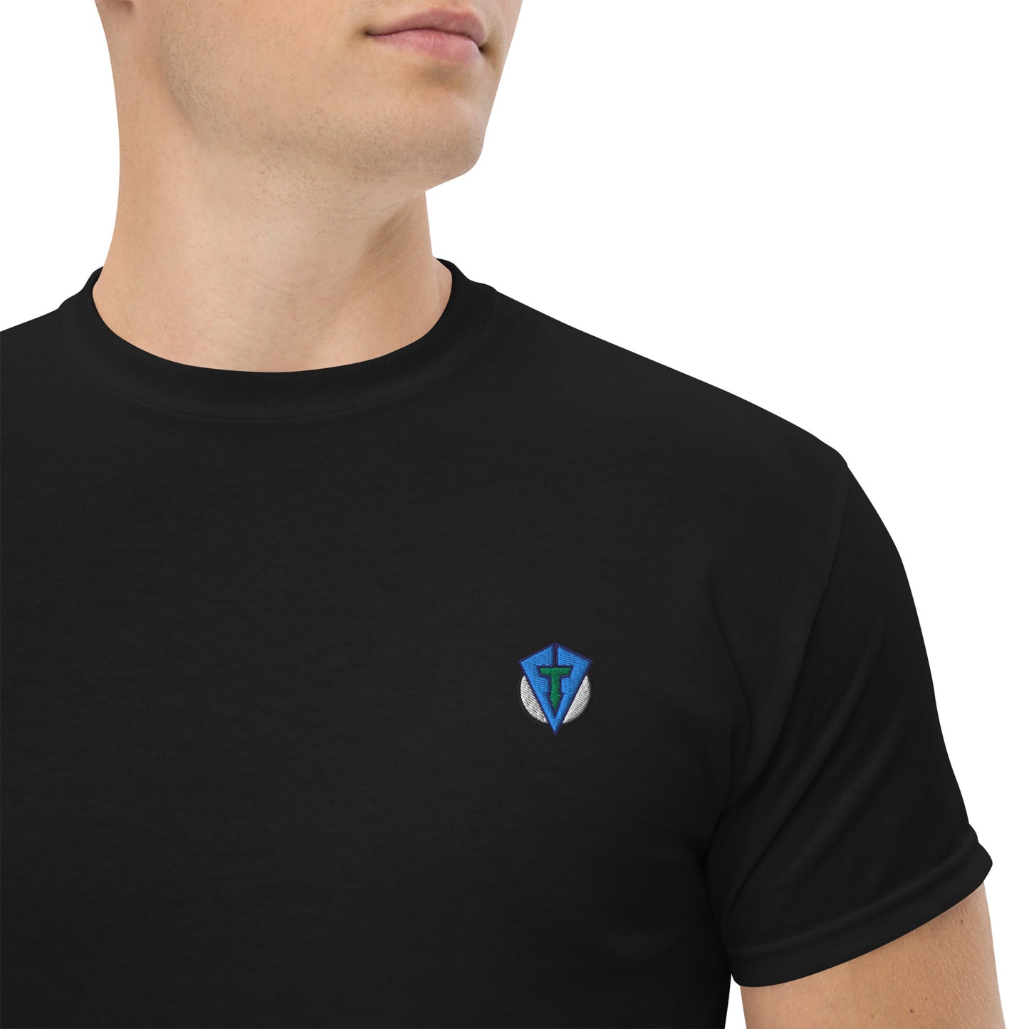 Black Sun Up golf streetwear casual everyday t-shirt.  Bold colourful graphic sunrise design featuring a golf ball as the sun with yellow, orange and red rings and striking blue lines. embroidered FTF logo on left chest