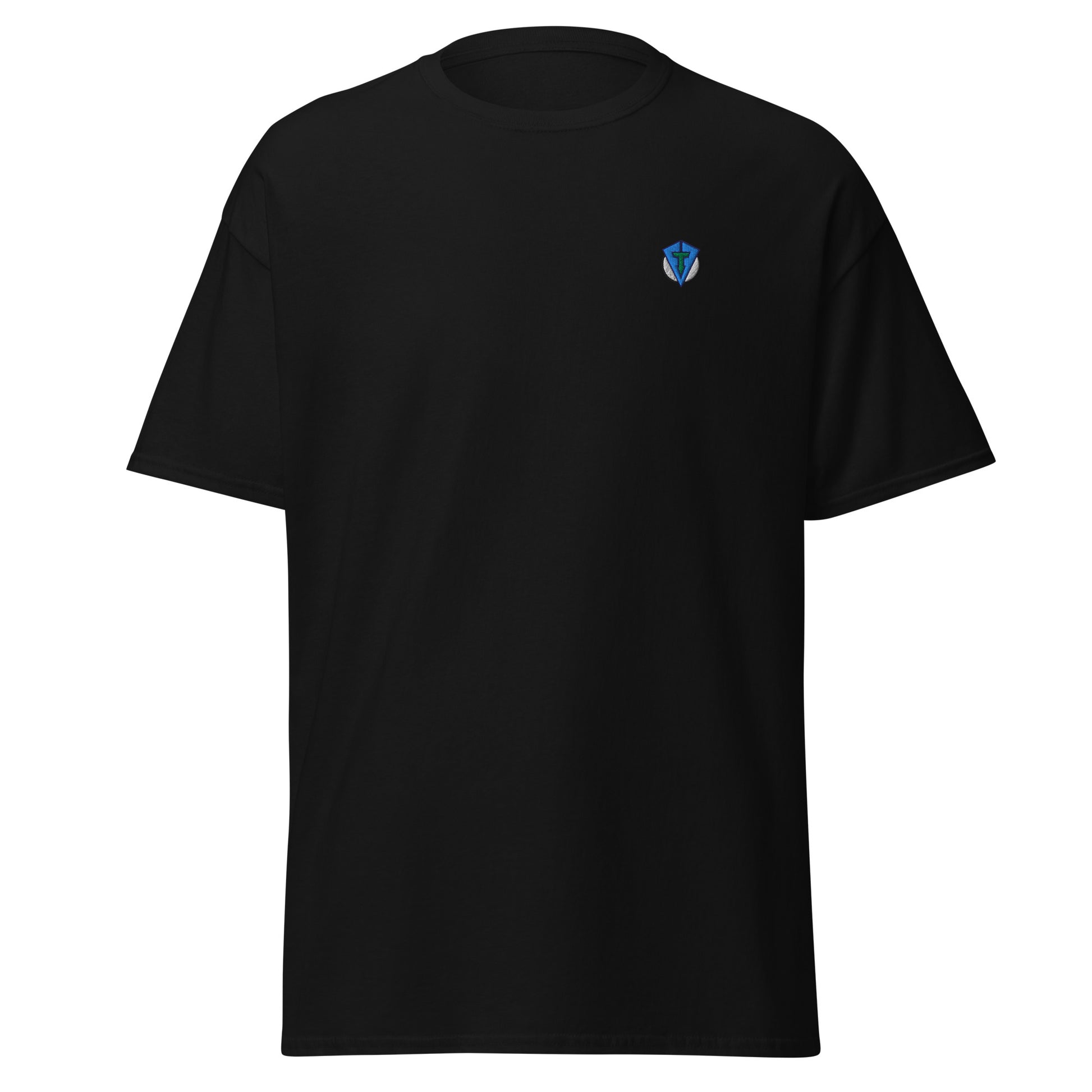 Black Sun Up golf streetwear casual everyday t-shirt.  Bold colourful graphic sunrise design featuring a golf ball as the sun with yellow, orange and red rings and striking blue lines.  Embroidered logo on left chest