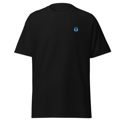 Black Sun Up golf streetwear casual everyday t-shirt.  Bold colourful graphic sunrise design featuring a golf ball as the sun with yellow, orange and red rings and striking blue lines.  Embroidered logo on left chest