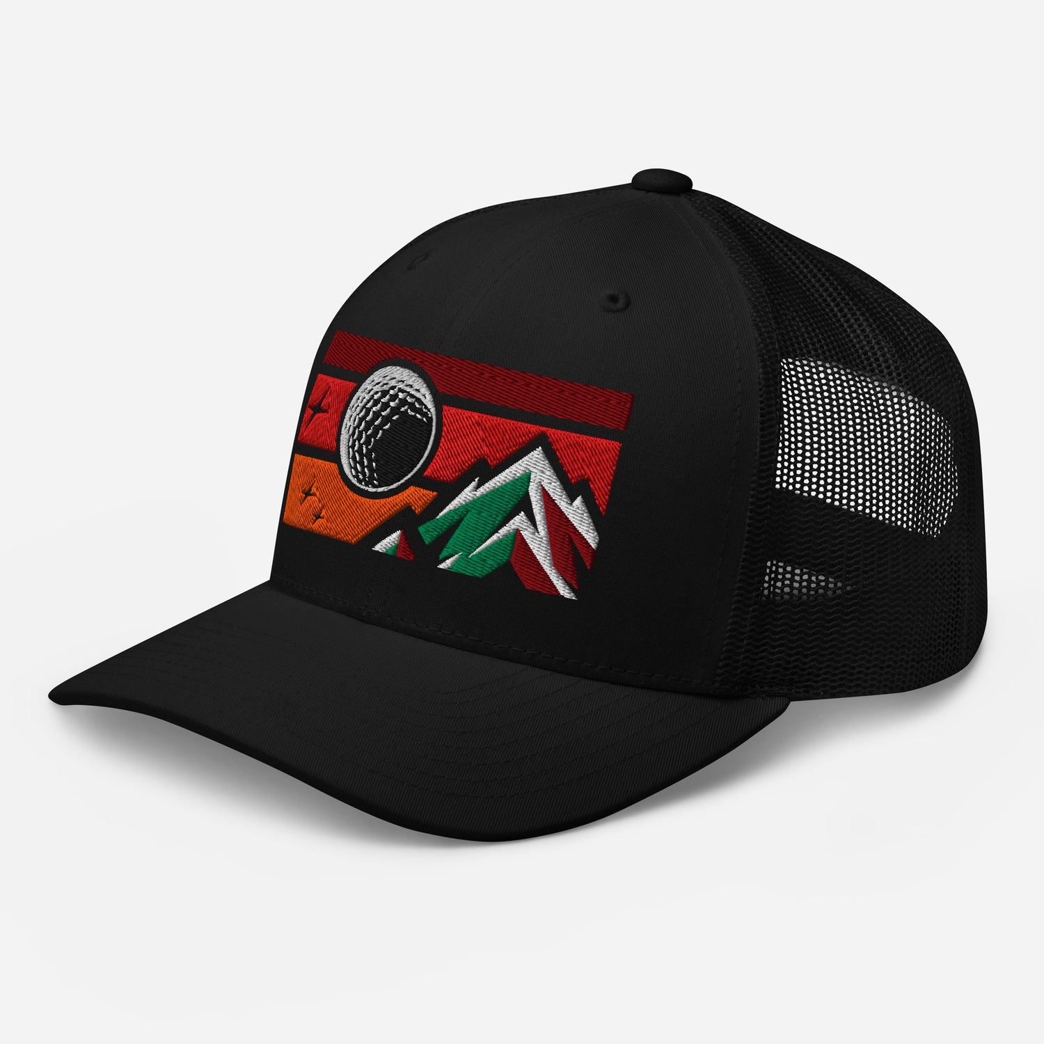 Main image of Black golf streetwear trucker cap with a mountain and golf ball design on a white background. Casual everyday golf streetwear cap by fourteefore for on and off the course