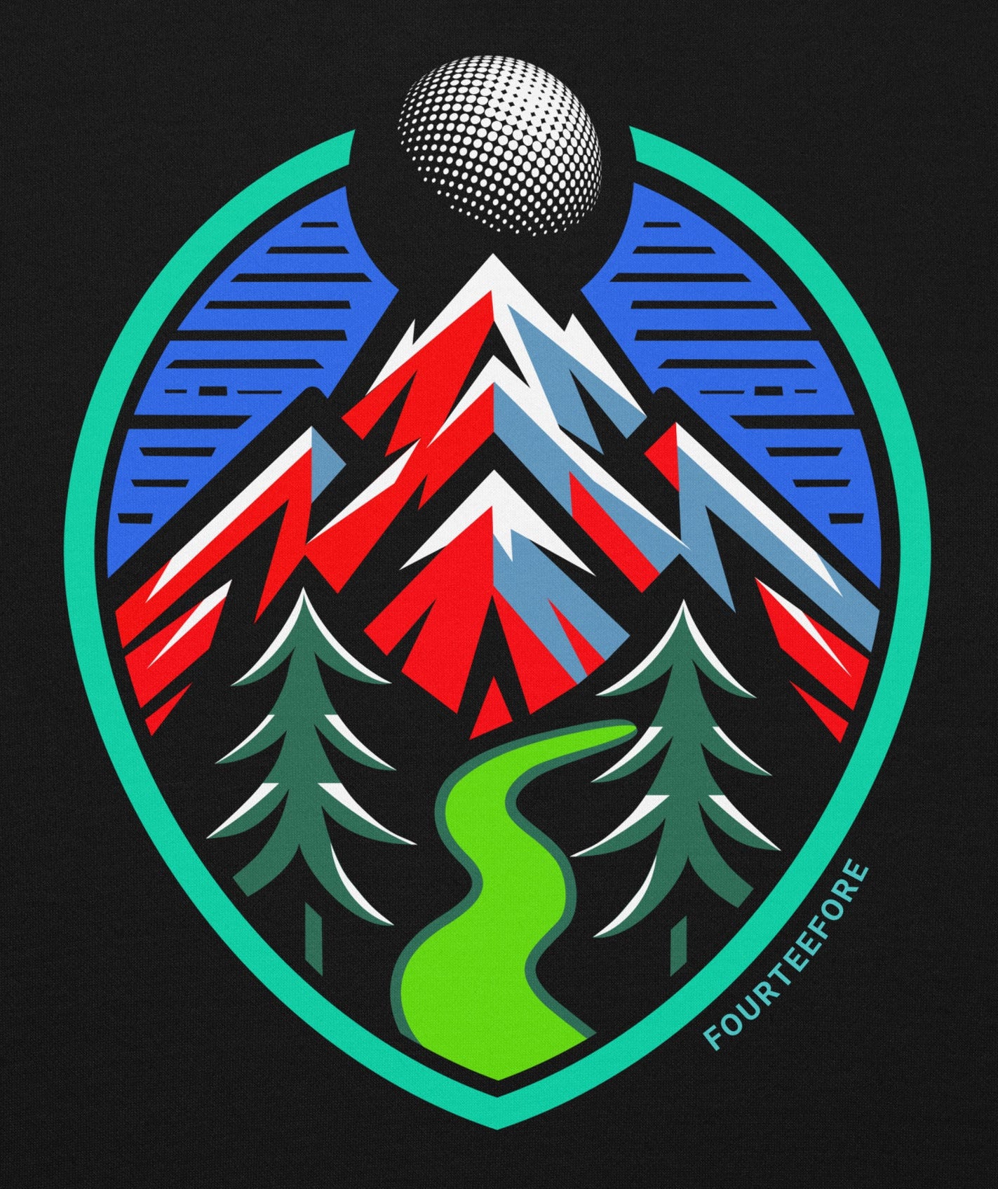 Logo with mountains, trees, and a microphone on a black background. Everyday casual golf streetwear hoodie. Casual everyday golf streetwear by fourteefore