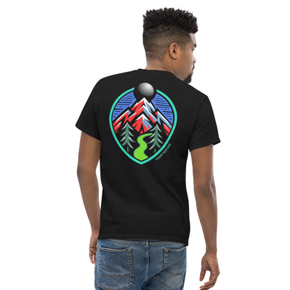 Male model wearing a Black Fourteefore tree lined fairway causal golf streetwear t-shirt with colorful bold mountain and tree lined fairway graphic on the back, small FTF logo embroidered on left chest. Casual everyday golf streetwear by fourteefore