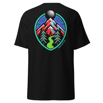 Main image of Black Fourteefore tree lined fairway causal golf streetwear t-shirt with colorful bold mountain and tree lined fairway graphic on the back, small FTF logo embroidered on left chest. Main image of Casual everyday golf streetwear tshirt by fourteefore