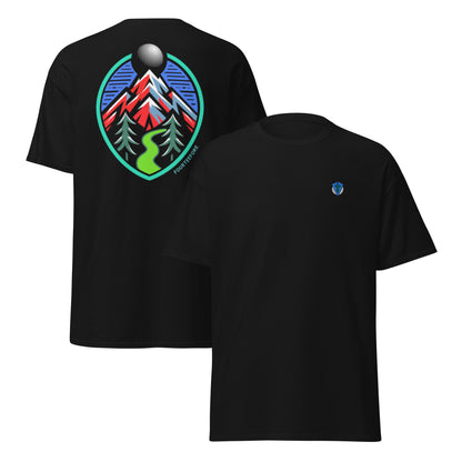 Black Fourteefore tree lined fairway causal golf streetwear t-shirt with colorful bold mountain and tree lined fairway graphic on the back, small FTF logo embroidered on left chest. Casual everyday golf streetwear by fourteefore