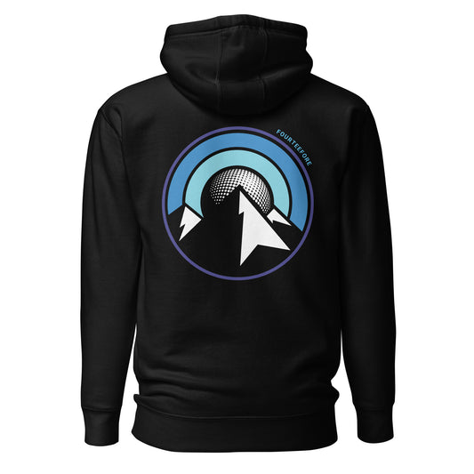 Black uphill lie fourteefore casual everyday streetwear golf hoodie with a bold mountain and golf ball moon graphic design on the back with a small FTF logo embroidered on the left chest. Main image of Casual everyday golf streetwear hoodie by fourteefore