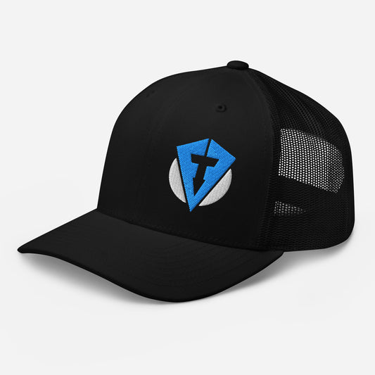 Main image of Black Fourteefore weekend warrior golf trucker cap with bright blue and white embroidered FTF logo on the left front panel. Casual everyday golf streetwear cap by fourteefore for on and off the course