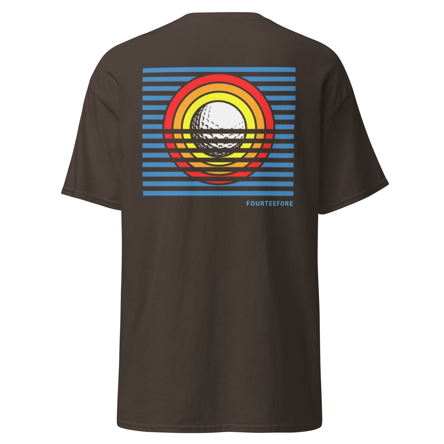 Main image of Brown sun up casusal golf streetwear t-shirt with a colorful bold graphic sunrise design on the back, featuring the brand 'FOURTEEFORE'. Casual everyday golf streetwear by fourteefore