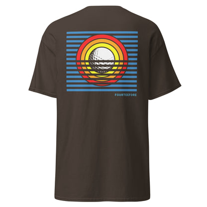 Main image of Brown sun up casusal golf streetwear t-shirt with a colorful bold graphic sunrise design on the back, featuring the brand 'FOURTEEFORE'. Casual everyday golf streetwear by fourteefore
