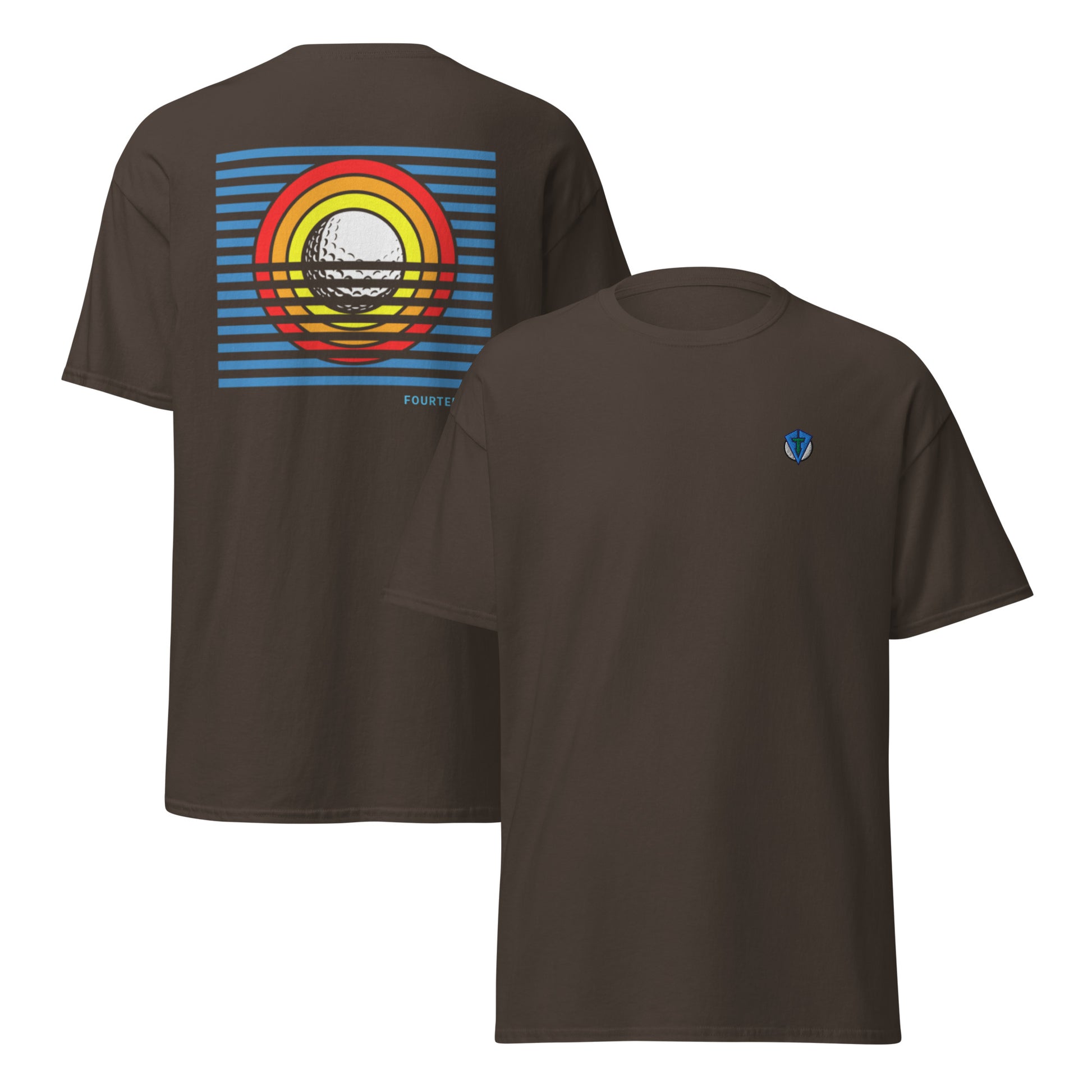 Brown sun up casusal golf streetwear t-shirt with a colorful bold graphic sunrise design on the back, featuring the brand 'FOURTEEFORE', small FTF logo embroidered on the left chest, displayed from front and back views.