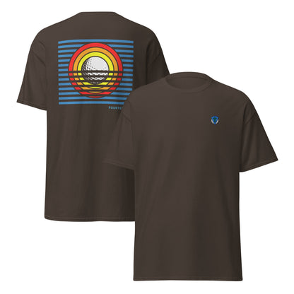 Brown sun up casusal golf streetwear t-shirt with a colorful bold graphic sunrise design on the back, featuring the brand 'FOURTEEFORE', small FTF logo embroidered on the left chest, displayed from front and back views.