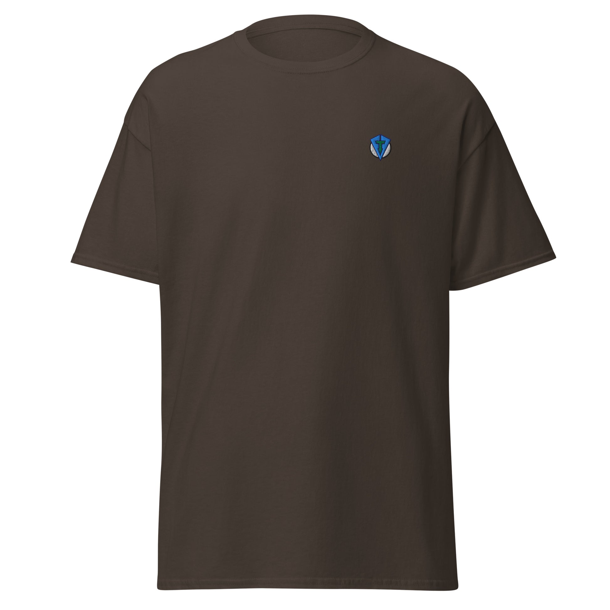 Brown sun up casusal golf streetwear t-shirt with a colorful bold graphic sunrise design on the back, featuring the brand 'FOURTEEFORE'. Small FTF logo embroidered on the left chest