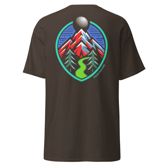 Rear view of brown Fourteefore tree lined fairway causal golf streetwear t-shirt with colorful bold mountain and tree lined fairway graphic on the back, small FTF logo embroidered on left chest. Main image of Casual everyday golf streetwear tshirt by fourteefore