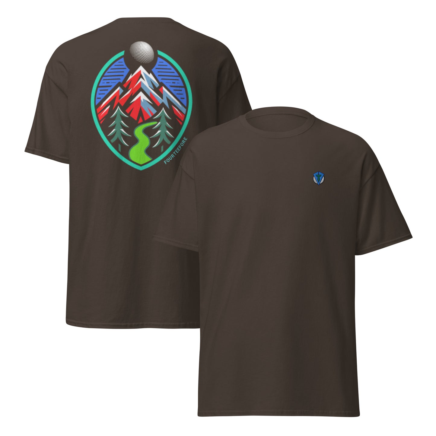 Front & rear view of brown Fourteefore tree lined fairway causal golf streetwear t-shirt with colorful bold mountain and tree lined fairway graphic on the back, small FTF logo embroidered on left chest. Casual everyday golf streetwear by fourteefore