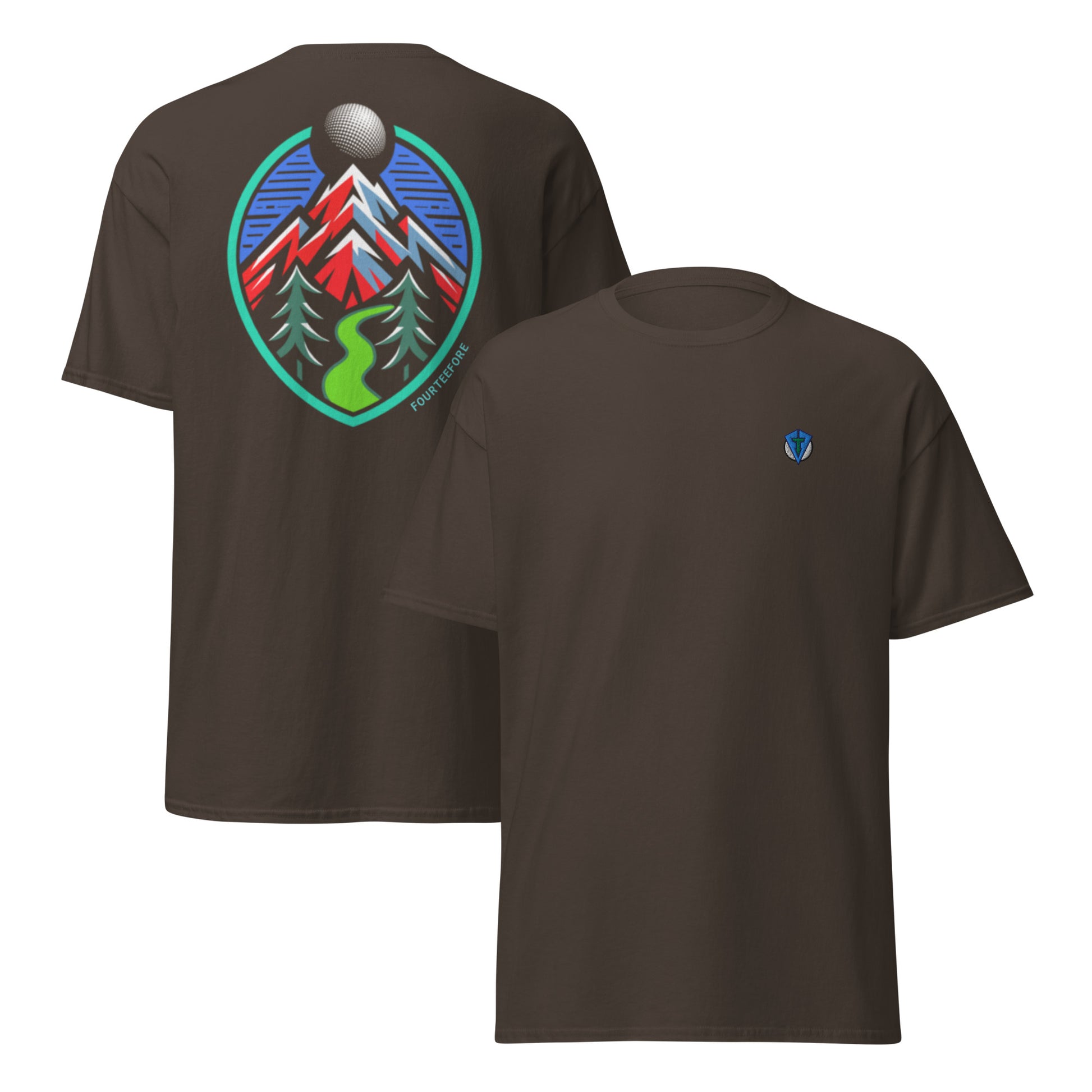 Front & rear view of brown Fourteefore tree lined fairway causal golf streetwear t-shirt with colorful bold mountain and tree lined fairway graphic on the back, small FTF logo embroidered on left chest. Casual everyday golf streetwear by fourteefore