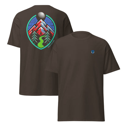 Front & rear view of brown Fourteefore tree lined fairway causal golf streetwear t-shirt with colorful bold mountain and tree lined fairway graphic on the back, small FTF logo embroidered on left chest. Casual everyday golf streetwear by fourteefore