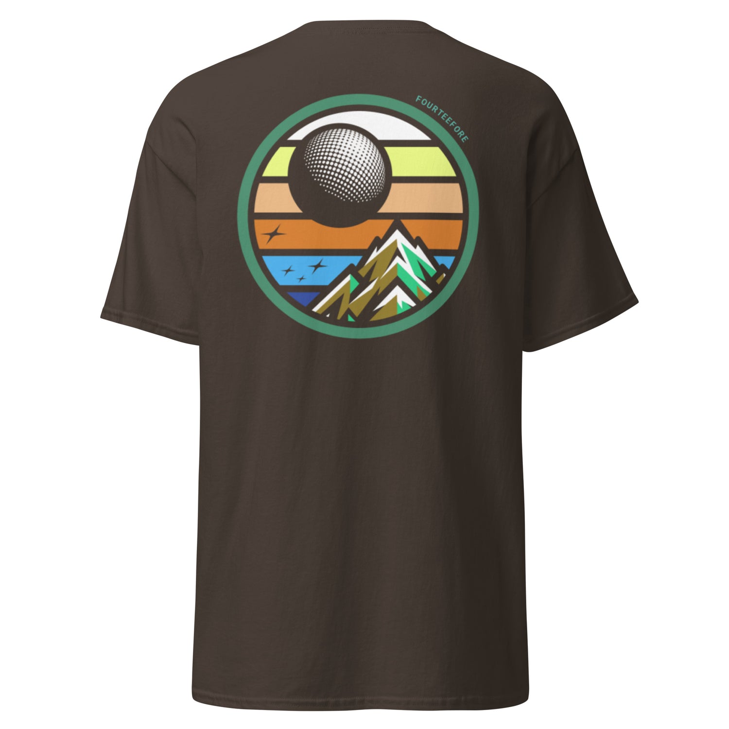 Main image of Brown twilight golf Fourteefore casual everyday golf streetwear cotton t-shirt with a bold colorful graphic of a mountain, moon and stars at dusk on the back against with a small FTF logo embroidered on the left chest. Casual everyday golf streetwear by fourteefore
