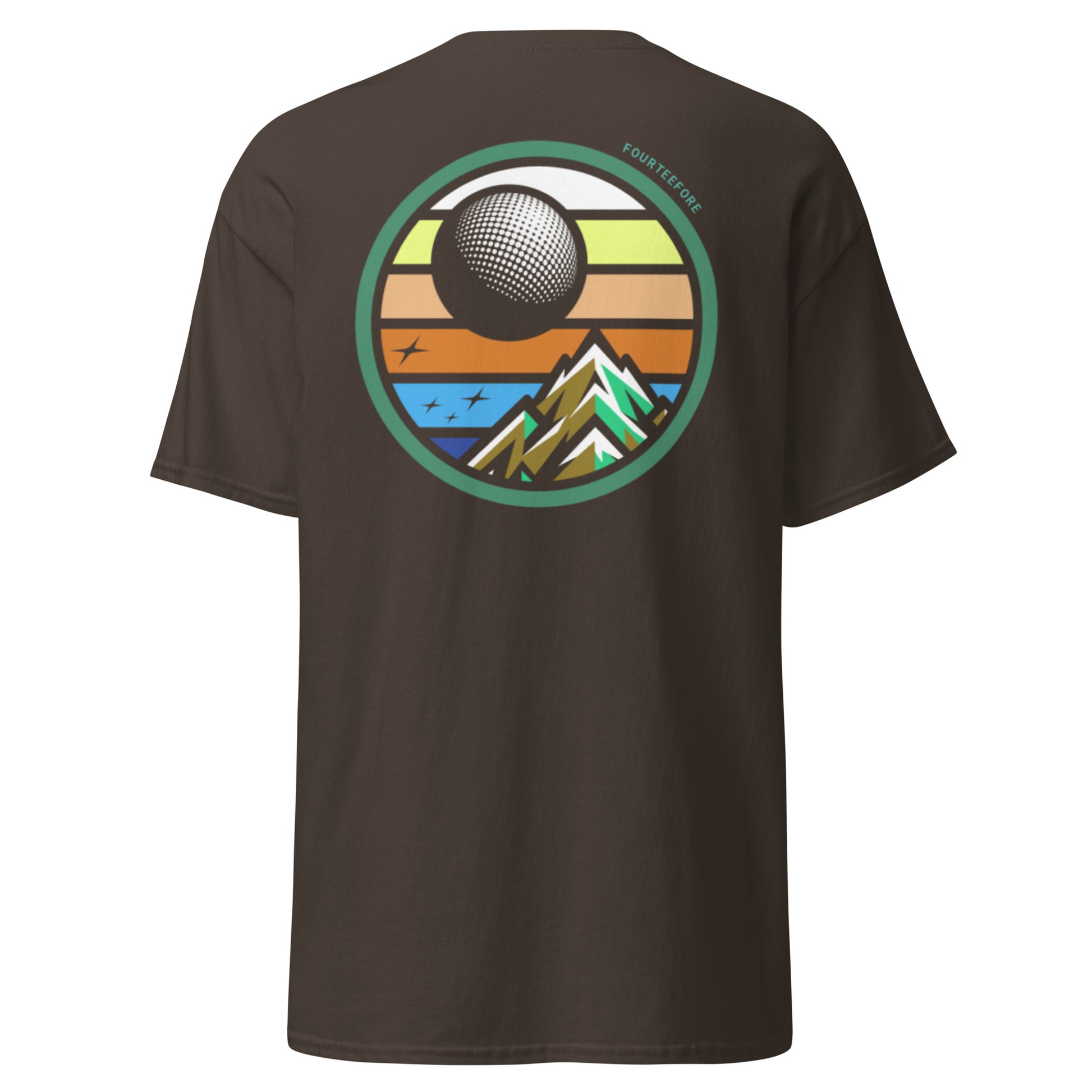 Main image of Brown twilight golf Fourteefore casual everyday golf streetwear cotton t-shirt with a bold colorful graphic of a mountain, moon and stars at dusk on the back against with a small FTF logo embroidered on the left chest. Casual everyday golf streetwear by fourteefore
