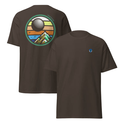 Brown twilight golf Fourteefore casual everyday golf streetwear cotton t-shirt with a bold colorful graphic of a mountain, moon and stars at dusk on the back against with a small FTF logo embroidered on the left chest. Casual everyday golf streetwear by fourteefore