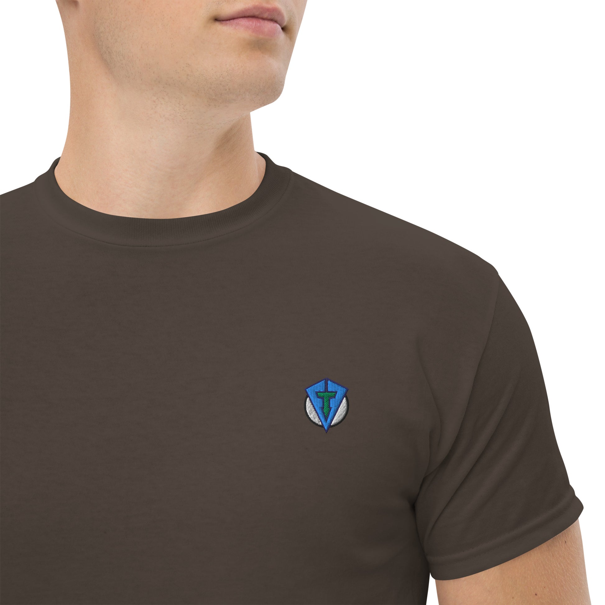 Brown twilight golf Fourteefore casual everyday golf streetwear cotton t-shirt with a bold colorful graphic of a mountain, moon and stars at dusk on the back against with a small FTF logo embroidered on the left chest