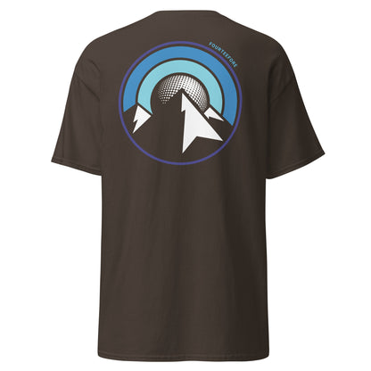 Main image of Brown uphill lie fourteefore casual golf t-shirt with a bold colourful mountain and moon graphic on the back and a small FTF embroidered logo on the left chest. Casual everyday golf streetwear by fourteefore