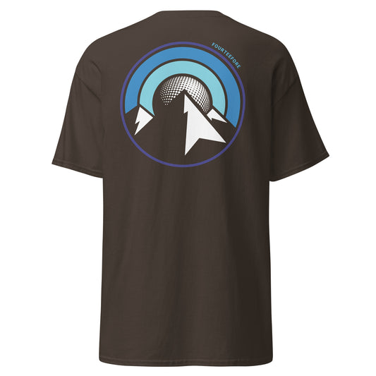 Main image of Brown uphill lie fourteefore casual golf t-shirt with a bold colourful mountain and moon graphic on the back and a small FTF embroidered logo on the left chest. Casual everyday golf streetwear by fourteefore