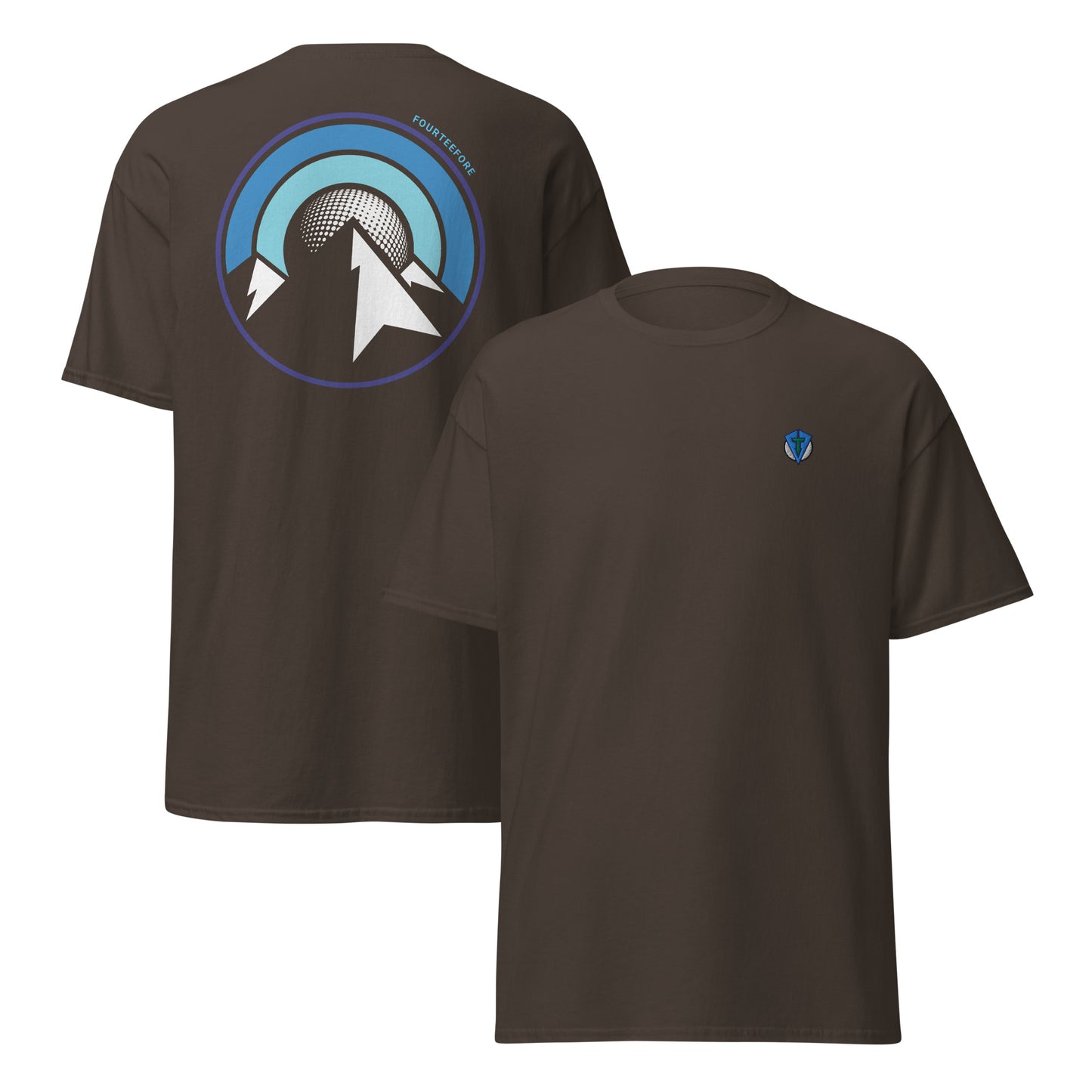 Brown uphill lie fourteefore casual golf t-shirt with a bold colourful mountain and moon graphic on the back and a small FTF embroidered logo on the left chest