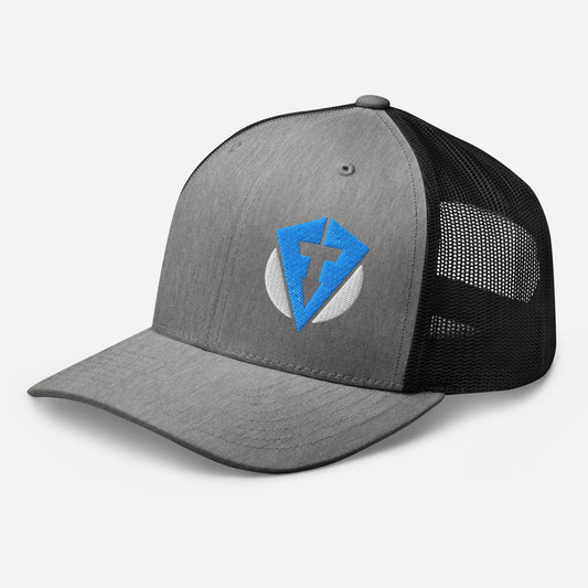 Grey and black Fourteefore weekend warrior golf trucker cap with bright blue and white embroidered FTF logo on the left front panel