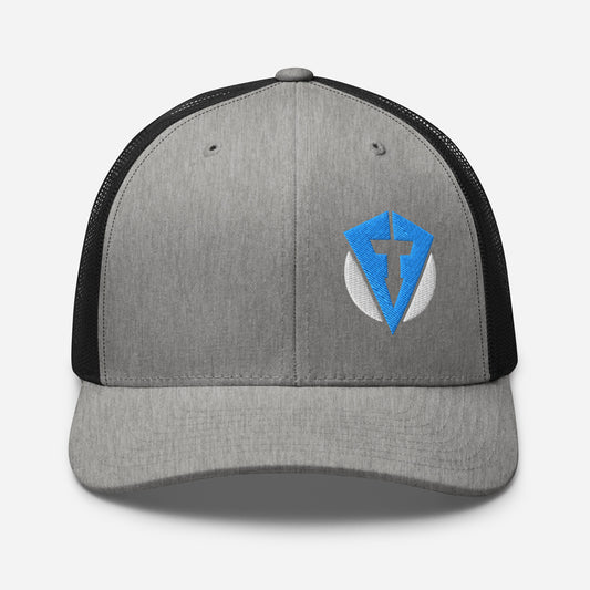 Grey and black Fourteefore weekend warrior golf trucker cap with bright blue and white embroidered FTF logo on the left front panel