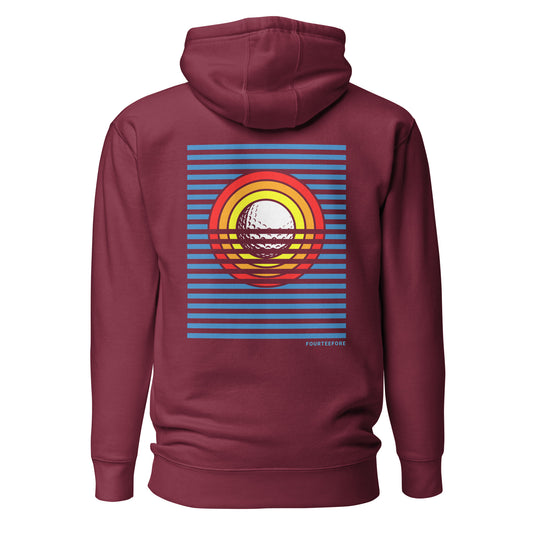 Main image of Maroon red sun up fourteefore casual everyday streetwear golf hoodie with a bold colorful graphic golf ball sun rise design on the back with a small FTF logo embroidered on the left chest. Casual everyday golf streetwear by fourteefore