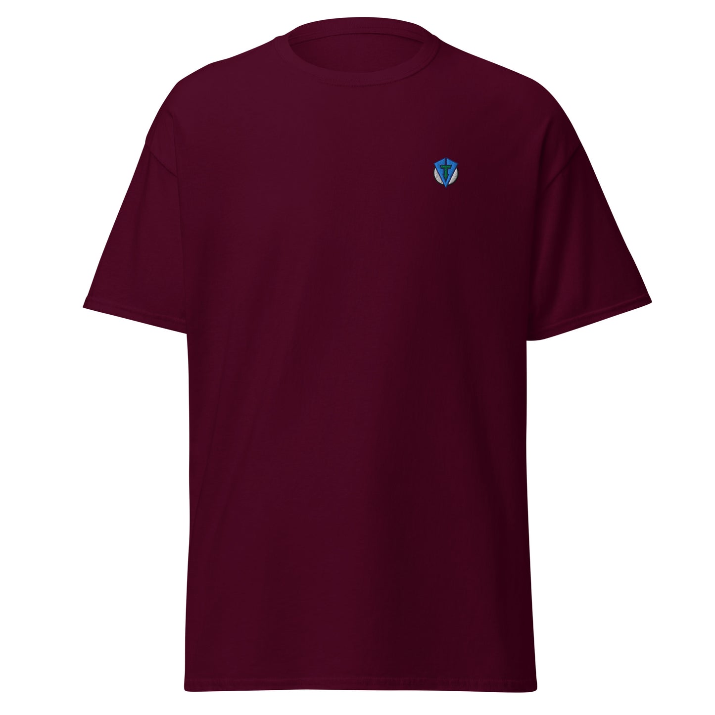 Maroon casual streetwear golf t-shirt with a small blue logo by fourteefore on a white background