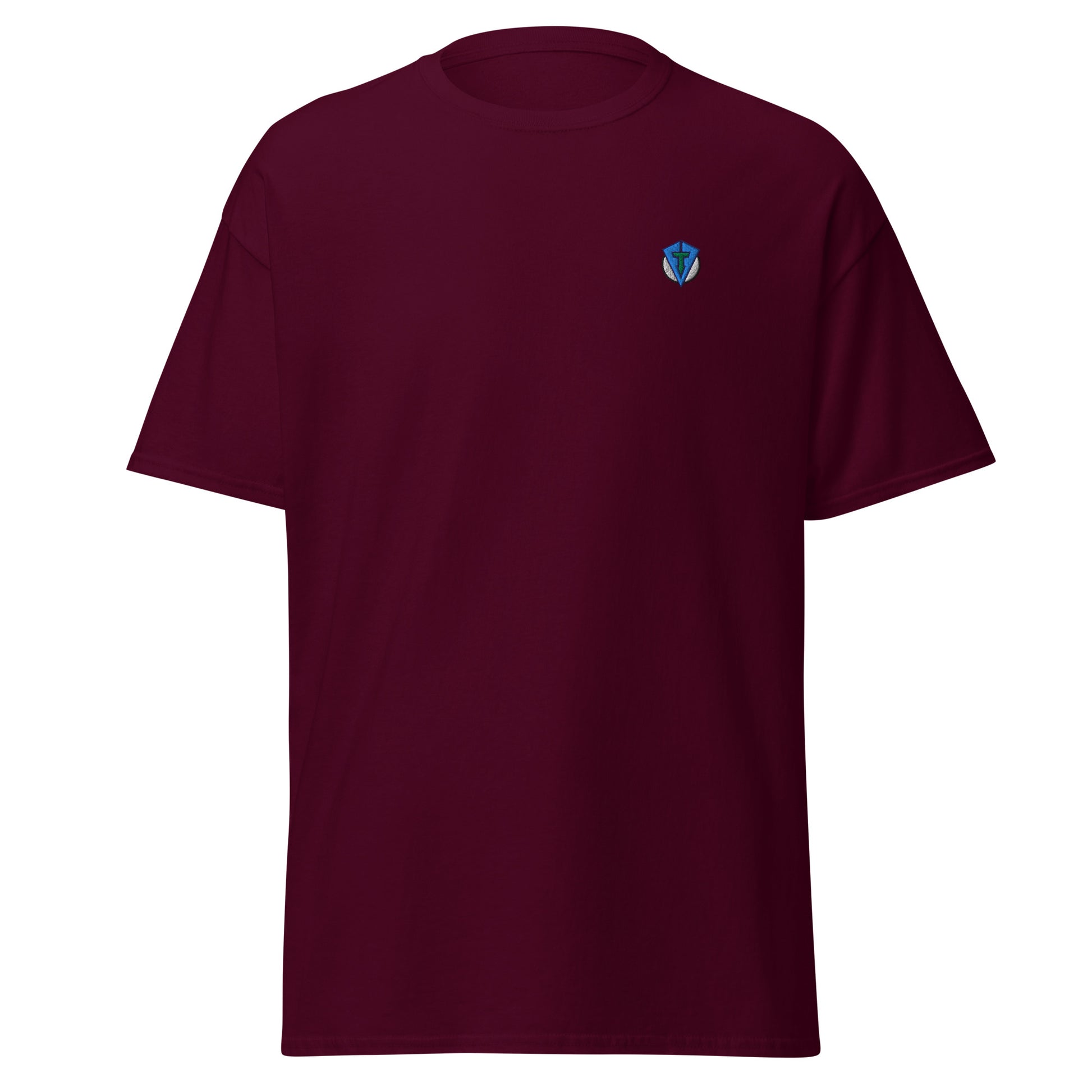Maroon casual streetwear golf t-shirt with a small blue logo by fourteefore on a white background