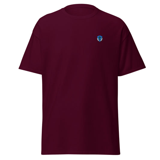 Maroon casual streetwear golf t-shirt with a small blue logo by fourteefore on a white background